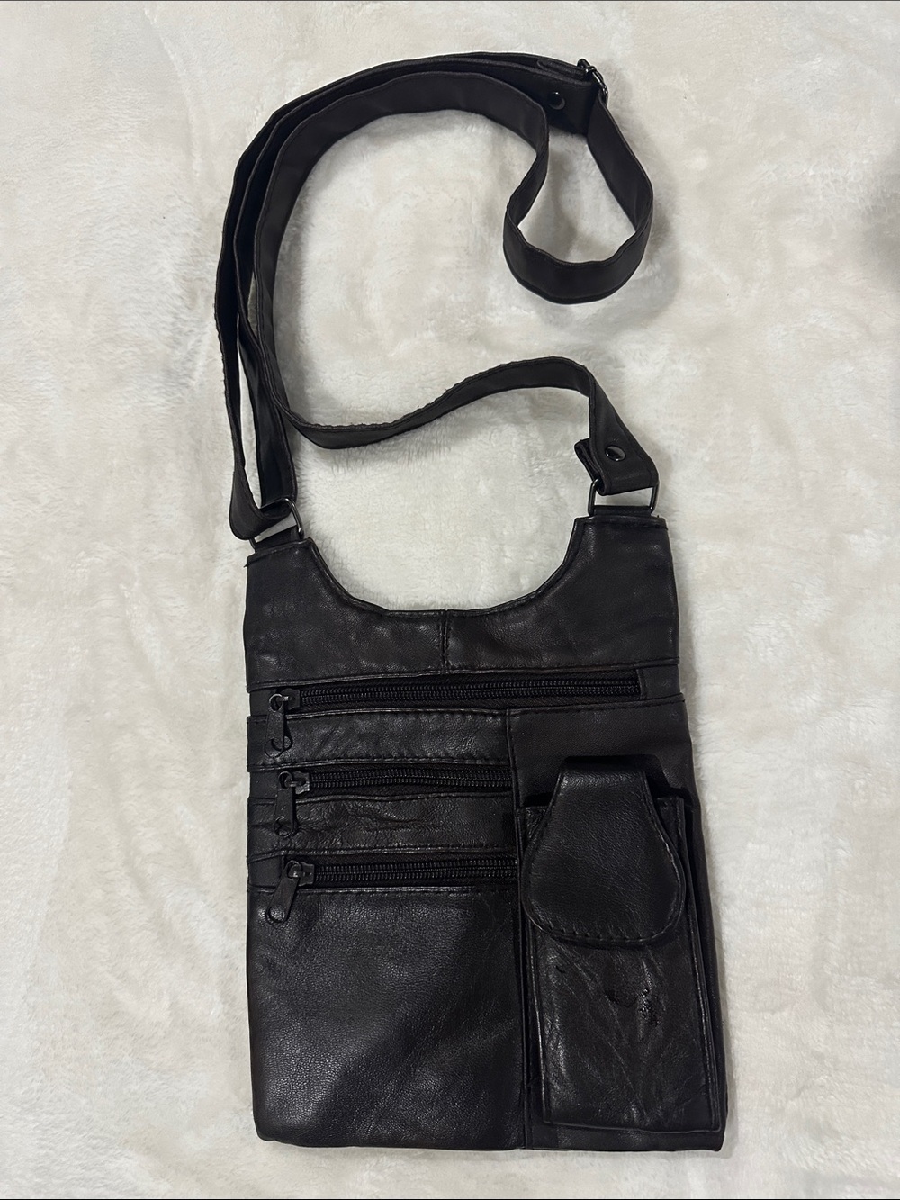 LEATHER Dark Brown Crossbody Organizer Bag 8x9 Minimalist Boho Travel Unisex EUC